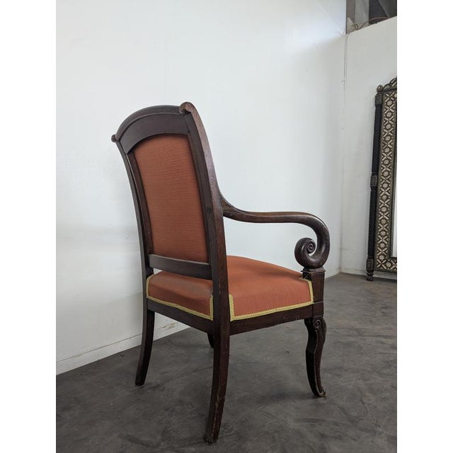 Restoration Style Mahogany Armchair with Curved Armrests and Orange Fabric For Sale - Image 6 of 11