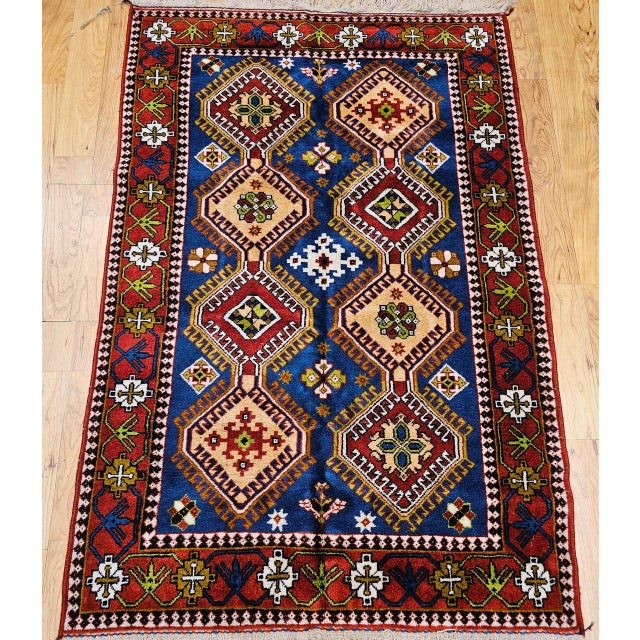Vintage Persian Shiraz Yalameh Tribal Area Rug, Hand-Knotted Wool, Allover Geometric Pattern, Blue & Red, 3x5 For Sale - Image 9 of 17
