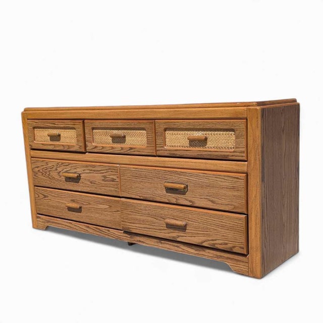 1980s Postmodern Faux-Oak Laminate Six-Drawer Dresser For Sale - Image 17 of 18
