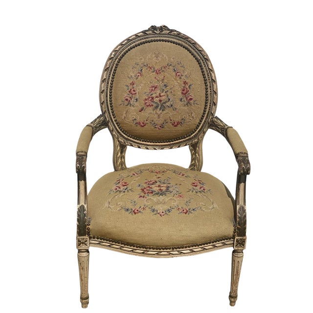 1930s Vintage French Provincial Fauteuil Chair With Floral Needlepoint Design For Sale - Image 12 of 12