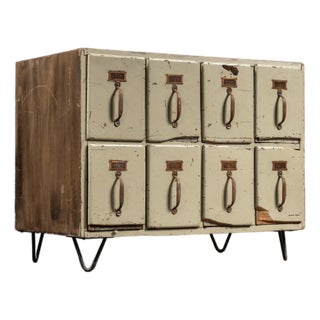 Vintage Eight-Drawer Wooden Card Catalog–Style Cabinet on Hairpin Legs For Sale