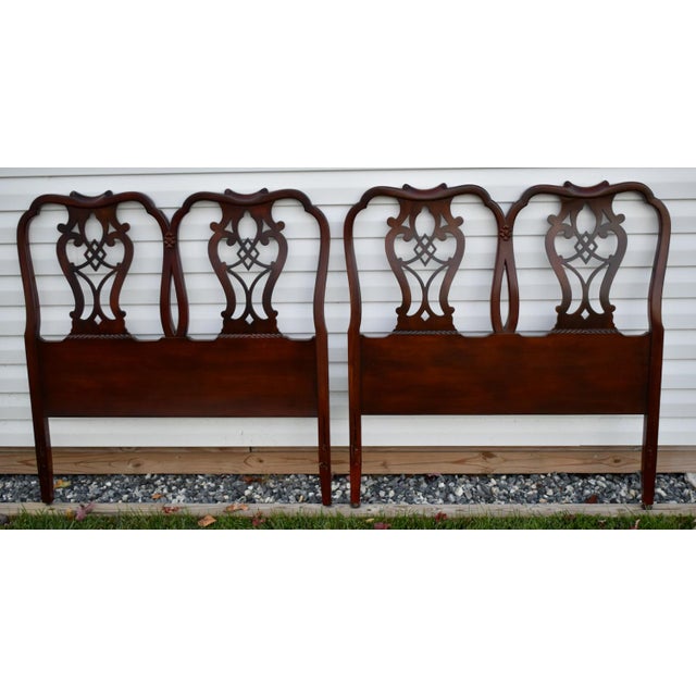 Chippendale Style Mahogany Twin Headboards Pair Carved Wood 1960s Set Vintage For Sale - Image 4 of 12
