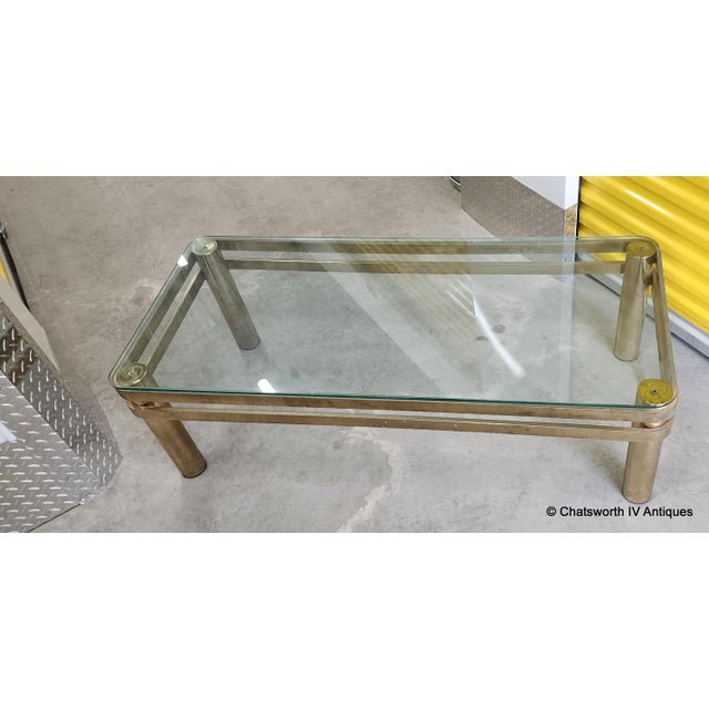Metal Vintage Brass Hollywood Regency Style Modern Contemporary Glass Coffee Table For Sale - Image 7 of 12