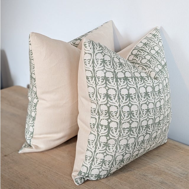 Penny Morrison Green Ashok block print pillows with coordinating cream linen backs. Pretty floral block print - Invisible...