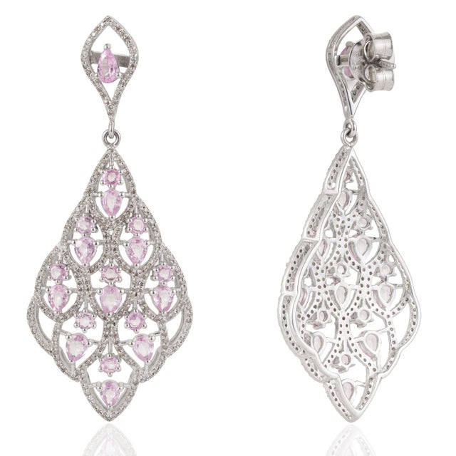 Contemporary Sparkling Elegant 5.07 TCW Pink Sapphire & Diamond Partywear Dangle Earrings, 2 Pieces For Sale - Image 3 of 13