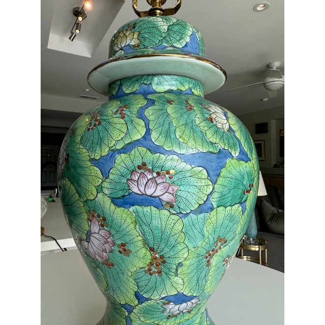 Single Chinese Green Lotus Flower Porcelain Table Lamp For Sale - Image 16 of 18