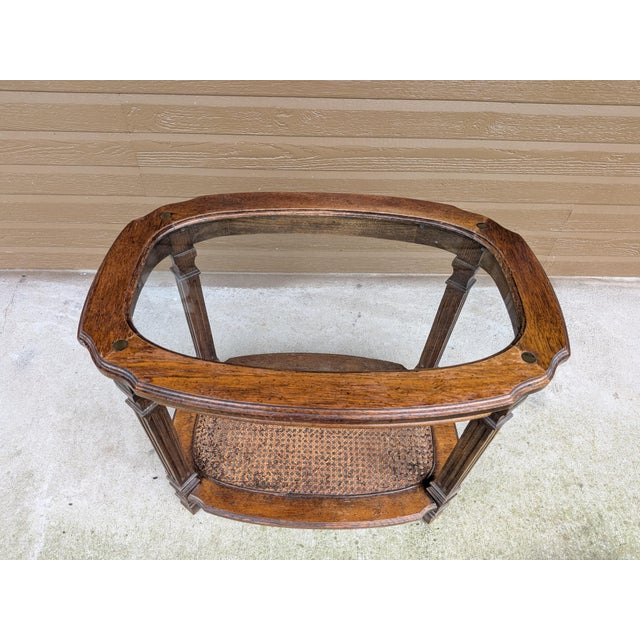 Vintage Two Tier Oval Glass Wood Woven Cane End Table Mid Century Neoclassical. For Sale - Image 10 of 13