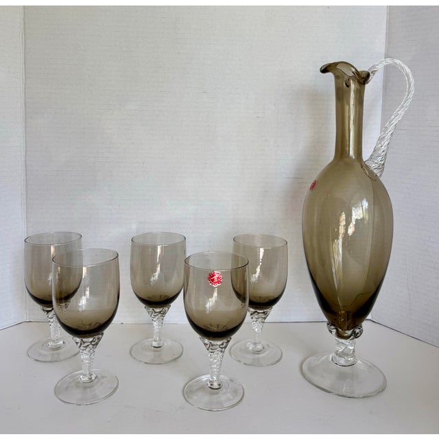 Hollywood Regency Mid-Century Italian Smoky Gray Glass Decanter & Wine Glasses, Set of 6 For Sale - Image 3 of 12