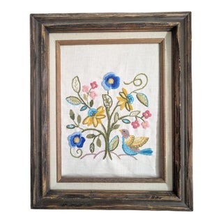 Vintage Crewel Bird Floral Textile Art Framed For Sale