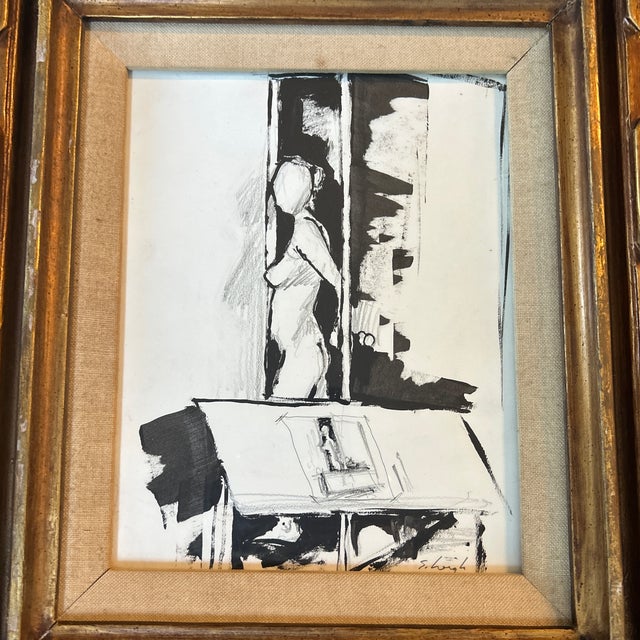 Contemporary Stephen Heigh female nude figure black and white painting. Signed and framed. 8x10 or approximately 15x17...
