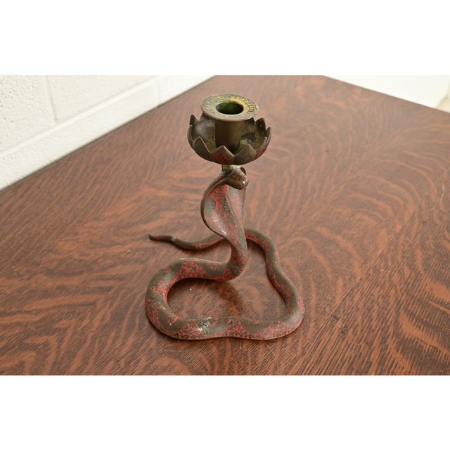 Tiffany Studios Enameled Bronze Cobra Snake Candlestick For Sale - Image 4 of 15