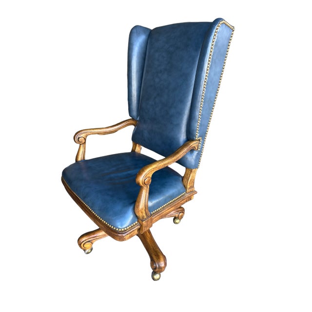 Vintage Drexel Heritage Navy Leather Executive Office Chair For Sale - Image 6 of 11