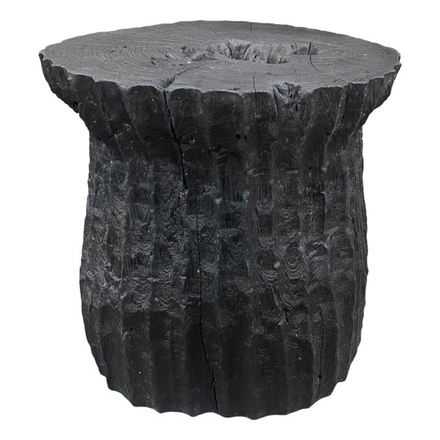 Andrianna Shamaris Charred Hand Carved Teak Wood Side Table For Sale