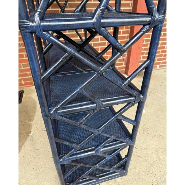 Vintage Turtle and Crane Bespoke Rattan Lapis Trellis Etagère | Hollywood Regency Chippendale Bookcase For Sale - Image 11 of 12