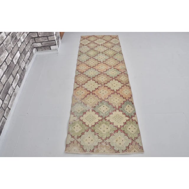 Textile Vintage Turkish Runner, Muted Pastel Diamond Lattice Pattern, Hand-Knotted Wool For Sale - Image 7 of 10