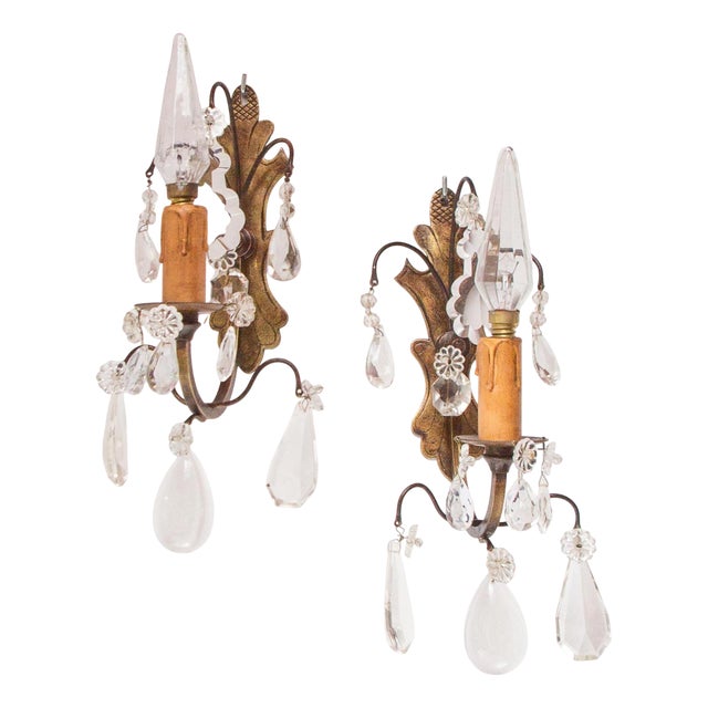 Antique French Brass and Crystal Wall Sconces, 1930s, Set of 2 For Sale