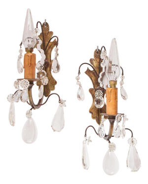Antique French Brass and Crystal Wall Sconces, 1930s, Set of 2