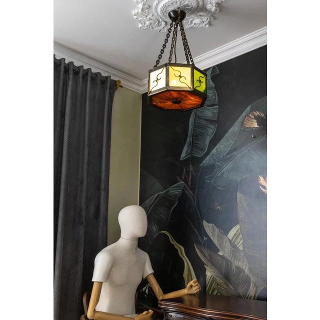 Mid-Century Octagonal Patinated Metal and Art Glass Pendant Light, Germany For Sale - Image 4 of 18