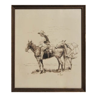 Joe Radar Roberts Monochromatic Brown Toned Western Portrait Drawing of a Cowboy and Two Horses 20th Century For Sale