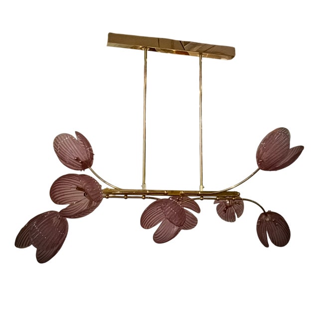 Mid-Century Murano Art Glass and Brass Pink Color Chandelier and Pendant For Sale