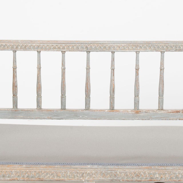 19th Century Swedish Gustavian Original Blue Gray Painted Pine Bench For Sale - Image 6 of 18