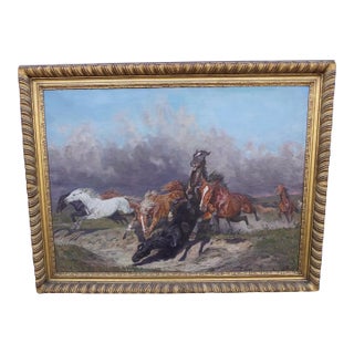 1920s Horse Stampede Oil on Canvas by Alfred Roloff For Sale