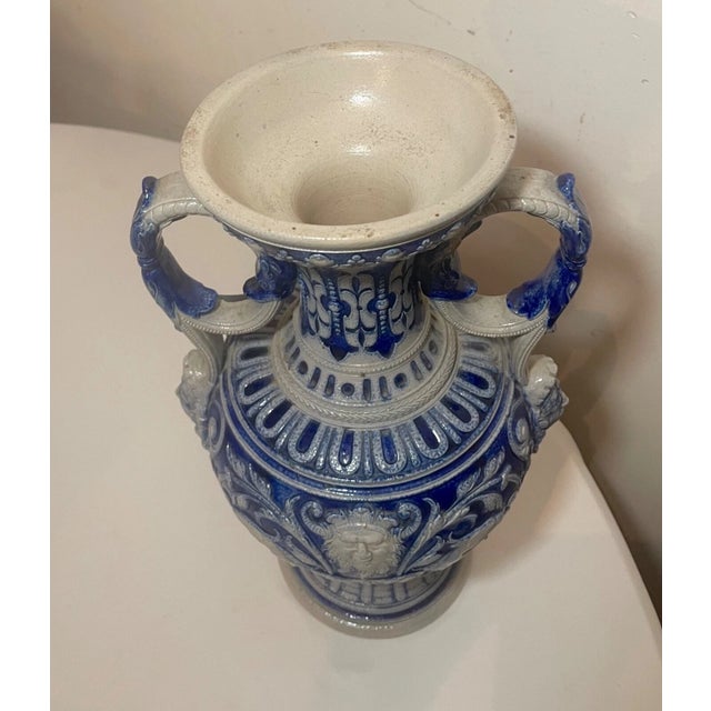 Large Antique Handmade Figural Blue Westerwald R. Hanke German Pottery Vase Jug For Sale - Image 10 of 11