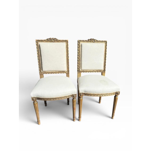 Wood Pair of Mid-20th Century Louis XVI Style Giltwood Side Chairs With Cream Linen Upholstery For Sale - Image 7 of 16
