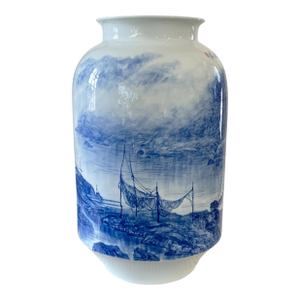 Vintage Chinoiserie Hand Painted Blue and White Porcelain Vase 18" H