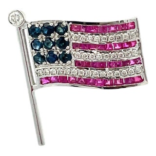 14k Heavy Gold American Flag Brooch With Ruby, Sapphire & Diamond For Sale