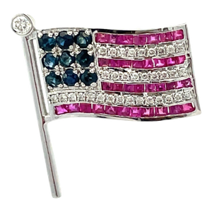 14k Heavy Gold American Flag Brooch With Ruby, Sapphire & Diamond