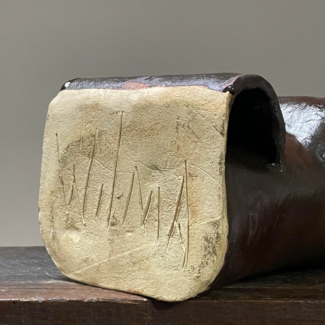 1980s Vintage Brutalist Double Mouthed Glazed Stoneware Ikebana Vase, Signed For Sale - Image 9 of 10