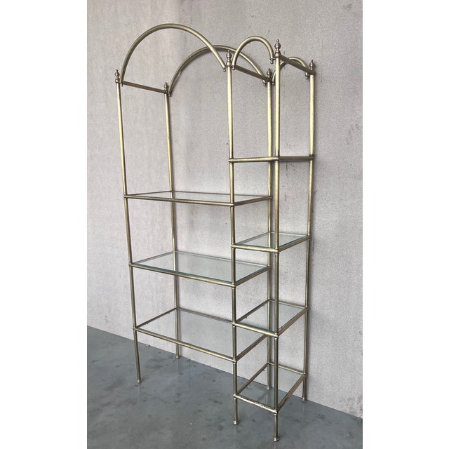 Mid-Century Modern Vintage Brass Étagère Arched Glass Display Shelf With Three + Four Shelves For Sale - Image 3 of 9