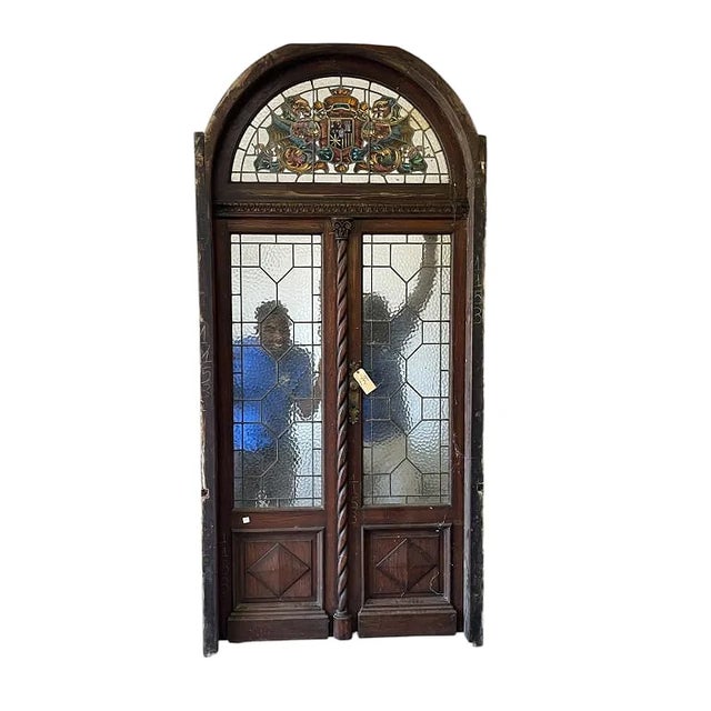 Traditional Antique Arched Entry Doors Large Double Entry Doors Leaded Window For Sale - Image 3 of 3