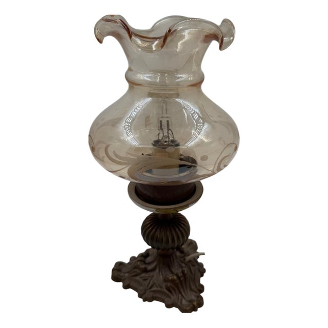 Table Lamp with Cast Brass Base and Glass Shade For Sale