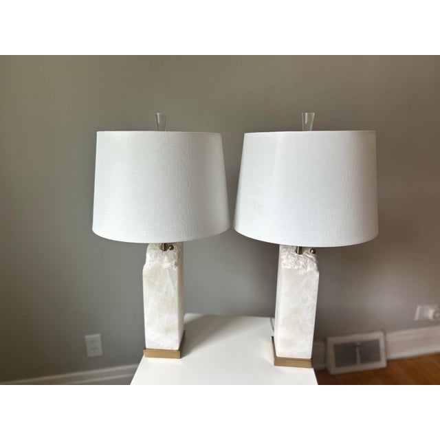 Pair of Bethel International Alabaster & Brass Table Lamps - Like New For Sale - Image 4 of 4