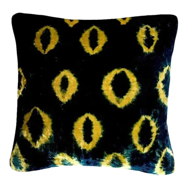 Rousseau Hand Dyed Silk Velvet Pillow, Gold & Indigo Ikat Abstract Pattern For Sale
