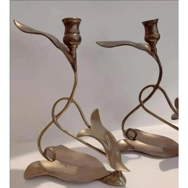 Art Nouveau Circa 1980s Dolbi Cashier Brass Art Nouveau Leaf Candle Holders- A Pair For Sale - Image 3 of 6