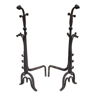 Antique Hand Forged Iron Dragon Gothic Andirons, 1700s, Set of 2 For Sale