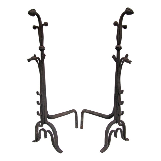 Antique Hand Forged Iron Dragon Gothic Andirons, 1700s, Set of 2 For Sale