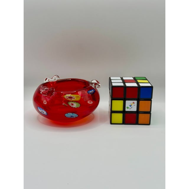 Mid-Century Modern Vintage Red Murano Style Ashtray, Hand Blown Millefiori Glass Bowl Catchall For Sale - Image 3 of 6