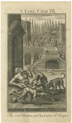The Rich Glutton and Lazarus, Luke XVI Biblical Scene, 1735, Engraving