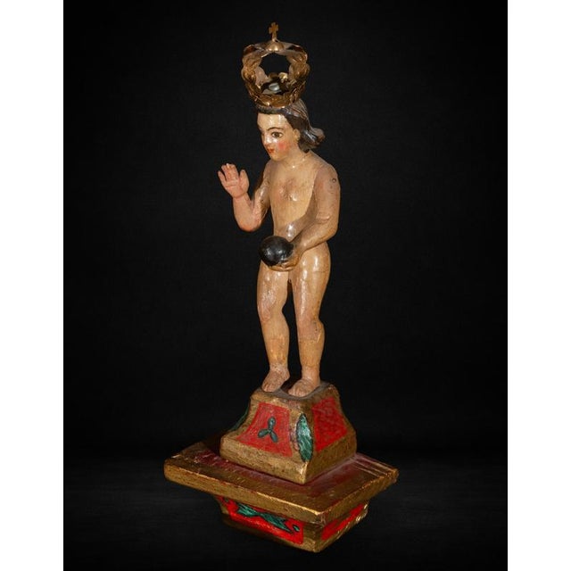 Spanish Colonial Artist, Niño Jesús Salvador del Mundo Sculpture, 17th Century, Wood For Sale - Image 6 of 8