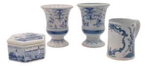 Set of 4 Various Royal Delft Porcelain Items C-30 Urns, C-58 Mug, Hexagon Box
