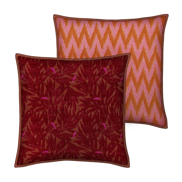 Contemporary Palais Double Sided Outdoor Cushion in Yoko Bordeaux X Rosita Orange & Pink, 18x18 Inch For Sale - Image 3 of 8