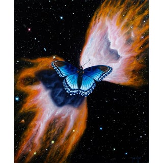 Butterfly Nebula by Patrick Nevins | Oil on Board Painting of a butterfly in a cosmic setting For Sale