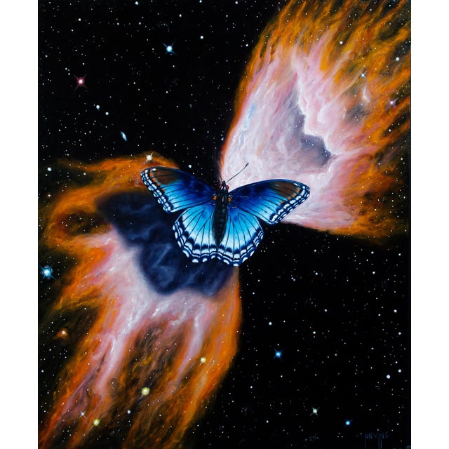Butterfly Nebula by Patrick Nevins | Oil on Board Painting of a butterfly in a cosmic setting For Sale
