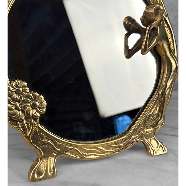 Metal Vintage Art Nouveau Brass Women Round Vanity Table Mirror For Sale - Image 7 of 7