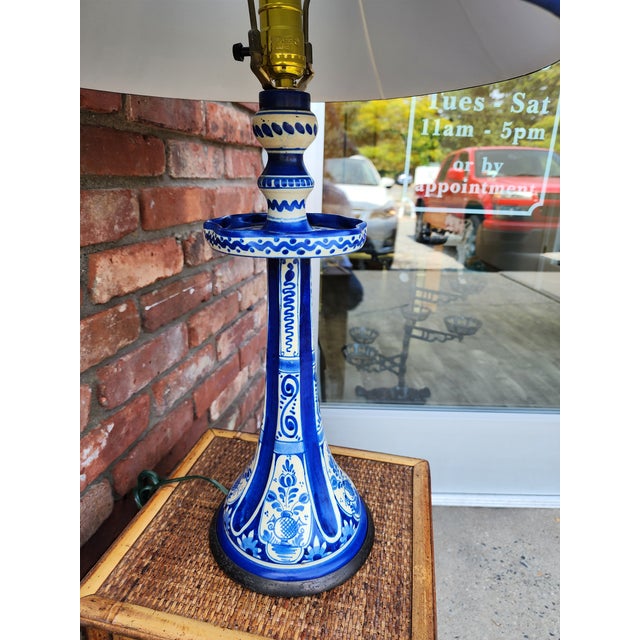 Antique Delft Candlestick Lamp With Navy Silk Shade For Sale - Image 4 of 12