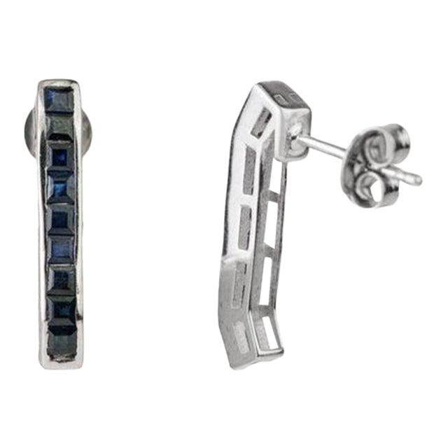 Princess-Cut Blue Sapphire September Birthstone Bar Stud Earrings- 2 Pieces For Sale